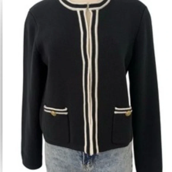 J. Crew Black  Emile Cardigan with Cream Trim and Gold Buttons L - Picture 2 of 8